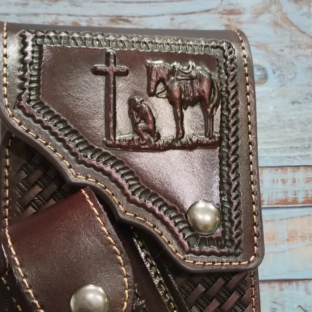 Praying Cowboy Leather Phone Holstor With Knife Sheath With Belt Clip LARGE 7x4